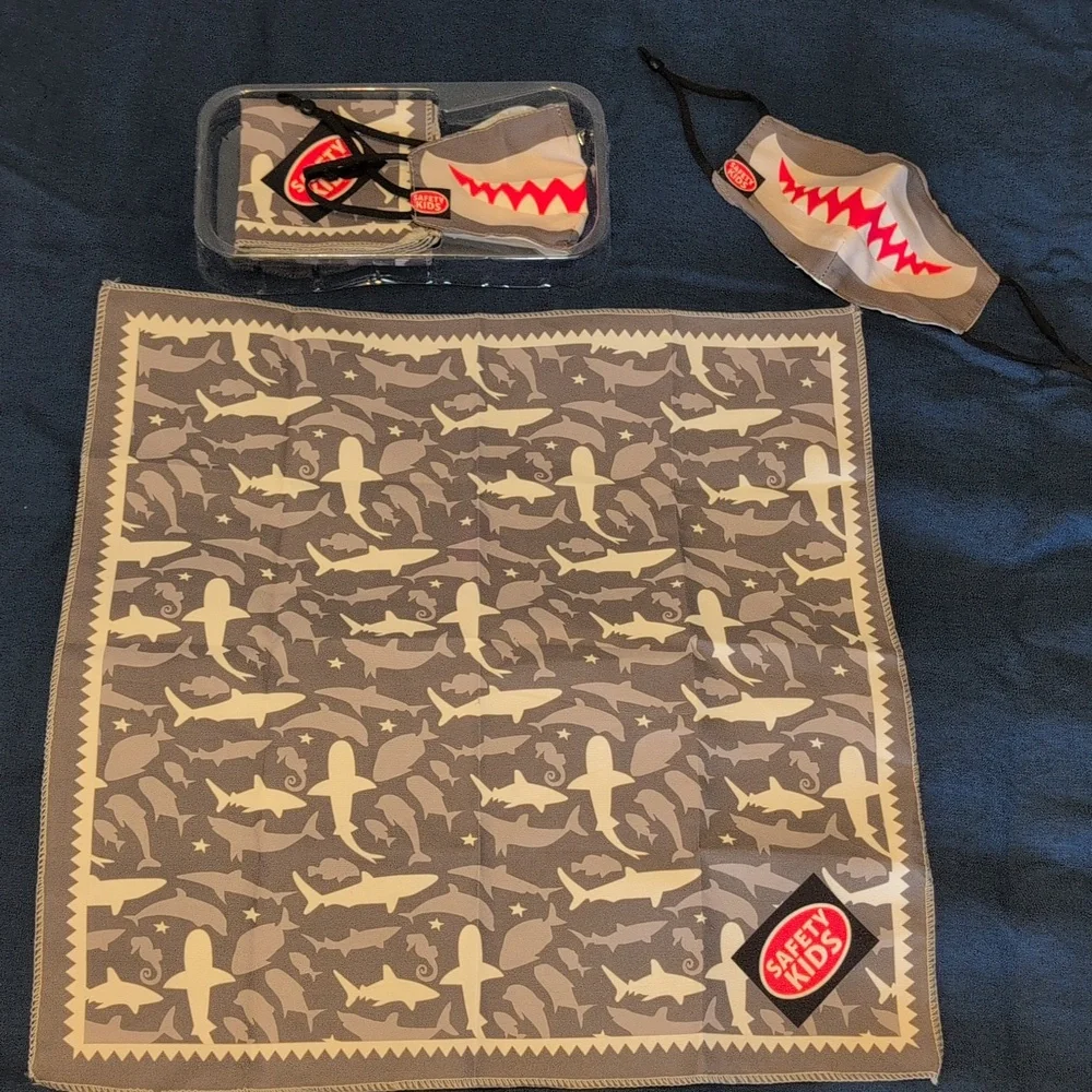 (2) Safety Kids Sets: Shark Print Bandanas and Mask Sets